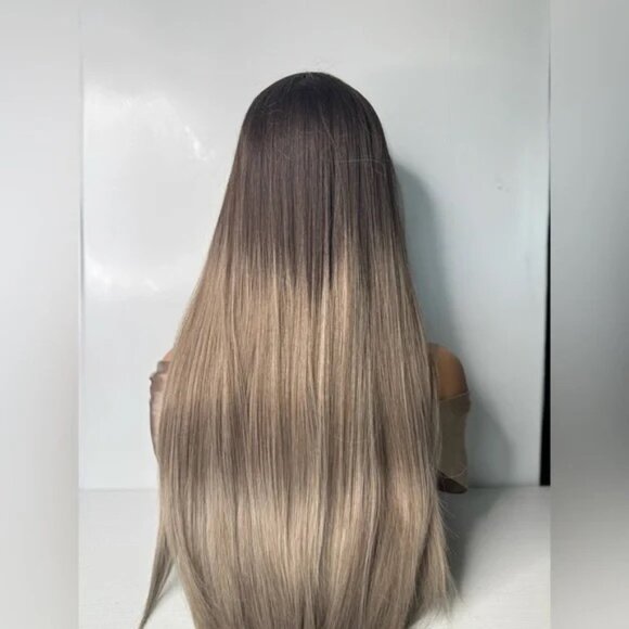 Light Ash Blonde Balayage Brown Roots long Hair Wig with Bangs - Daily use - Picture 4 of 9